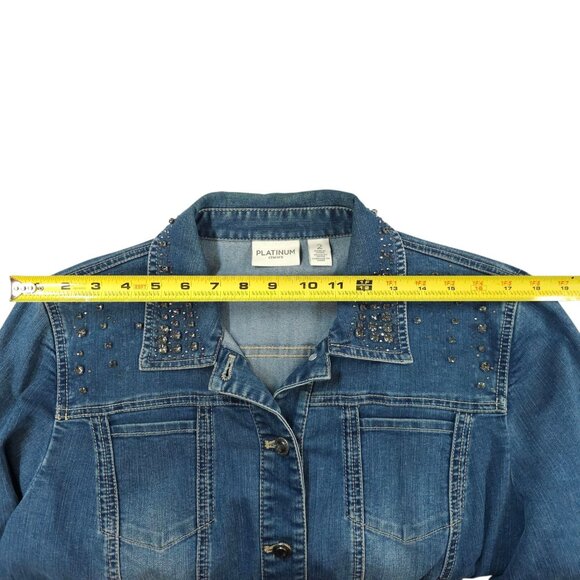 Chicos Platinum Denim Western Jacket Womens 2 US L/12 Rhinestones Long Sleeve - Picture 4 of 16